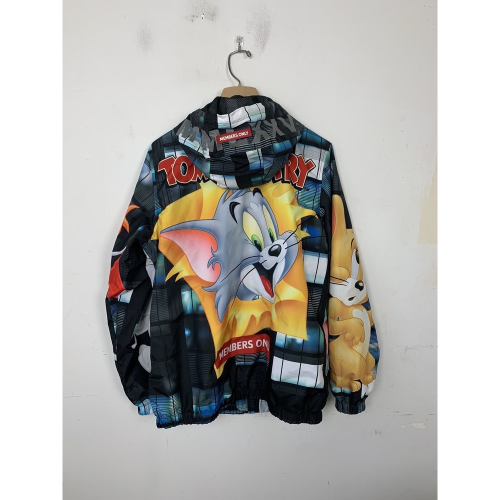 Members Only Tom and Jerry Windbreaker Jacket Men Medium Hooded Full Zip Graphic